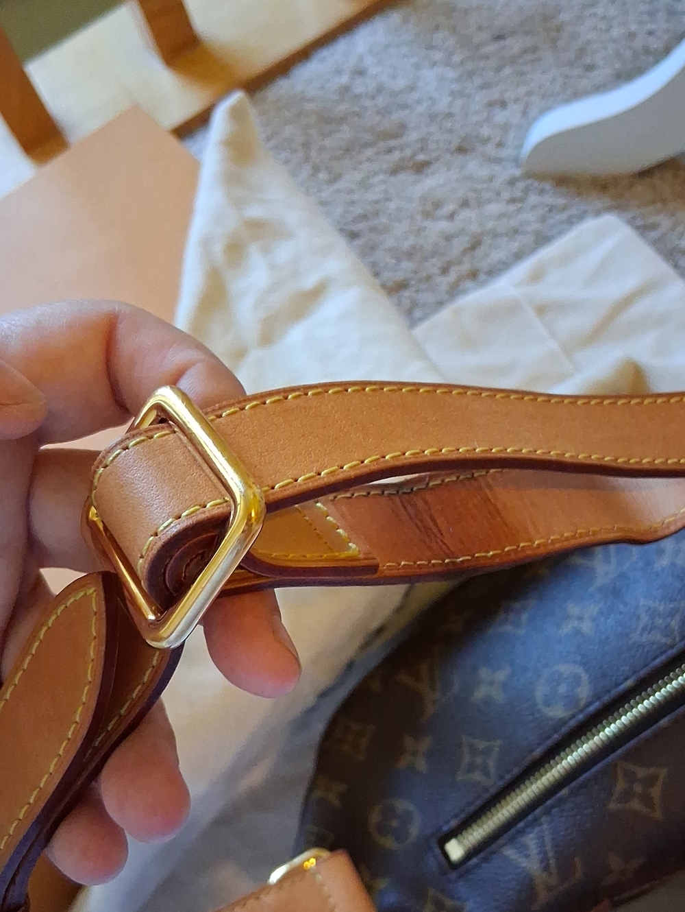 Authentic Louis Vuitton Brown Monogram Crossbody Sling Bum Bag with Tan Strap - Picture 12 of 17